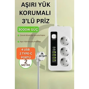 Pro P10 3x Priz 3000W Akım Korumalı 4x USB 2x Type-C Girişli Çoklu Priz