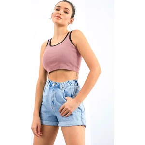 Pudra Basic Sıfır Kol Dar Kalıp U Yaka Kadın Crop Top Atlet - 97162