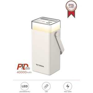 TRM-1041 Beyaz 40000 Mah Type-C + Lightning + USB  Taşınabilir 22,5 W Hızlı Şarj Dijital Göstergeli Rgb LED Işıklı Powerbank