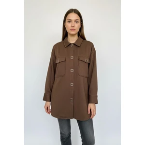 Kahve Oversize Cepli Kadın Gömlek Ceket 8130A