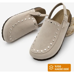 Kadın Hakiki Deri Eva Taban Önü Kapalı Zımbalı Günlük Sandalet Bolve Bej