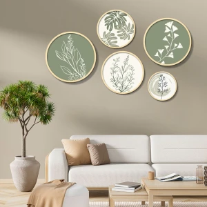 Yuvarlak Ahşap Çerçeveli Yeşil ve Beyaz Minimalist Bitkiler Tablo Seti