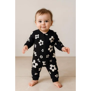 Unisex Bebek Papatya Desenli Pamuklu Siyah Tulum