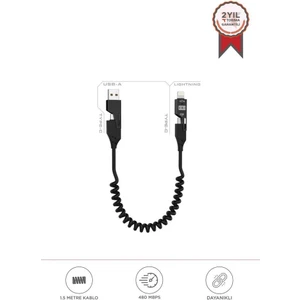 U110 Siyah 4'ü 1 Arada ( Type-C , Lightning , Usb-A,) 65 W Super Hızlı Akordiyonlu Şarj Kablosu