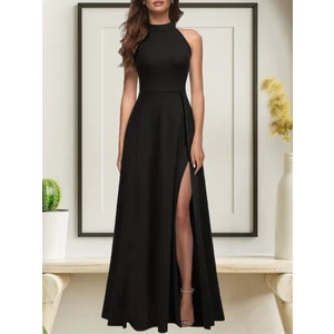 Kadın Halter Yaka Derin Yırtmaç Detaylı Tam Boy Ithal Krep Abiye Elbise