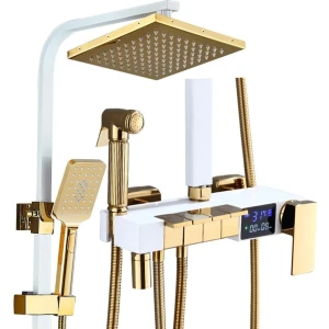 Dijital Sıcaklık LED Ekranlı Banyo Duş Seti Piyano Tuşlu Yeni Beyaz Gold 7 Yıl Garantili Ithal