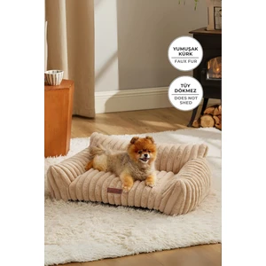 Evlen Home Collection Kürk Peluş Kedi Köpek Evcil Hayvan Yatağı PatiChill Yıkanabilir Kaymaz Taban Luna Lüks Ortopedik Su Geçirmez Bej