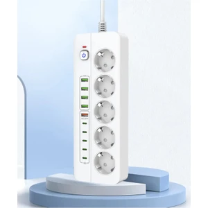 Isıya Dayanıklı Power Tuşlu 5'li Grup Priz 5x USB 5x Type-C Çıkışlı Priz 2 mt Kablolu