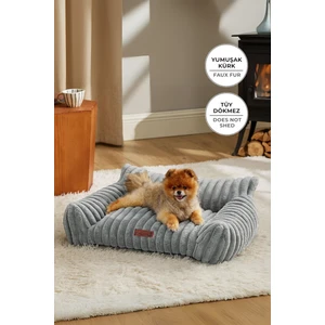 Evlen Home Collection Kürk Peluş Kedi Köpek Evcil Hayvan Yatağı PatiChill Yıkanabilir Kaymaz Taban Luna Lüks Ortopedik Su Geçirmez Gri