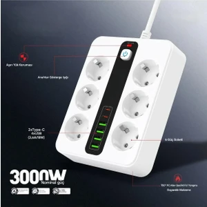 6'lı Grup Priz 4xusb 2xtype-C Çıkışlı Isıya Dayanıklı Power Tuşlu 2 mt Kablolu Priz Çoğaltıcı