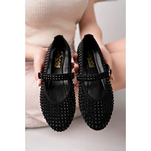 Kadın Baretli Siyaha Siyah Taşlı Günlük Babet Ayakkabı