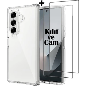 Samsung Galaxy Z Fold 7 Kılıf Köşe Korumalı Darbeye Dayanıklı Antişok Şeffaf Silikon Kapak + Ekran Koruyucu Cam Set 2in1