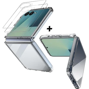 Samsung Galaxy Z Flip 7 Kılıf Köşe Korumalı Darbeye Dayanıklı Antişok Şeffaf Silikon Kapak + Ekran Koruyucu Cam Set 2in1