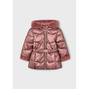 Kız Çocuk Kürk Süslemeli Kapüşonlu Kemerli Parlak Uzun Mont 4448 Kırmızı