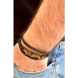 Kaplan Gözü,oniks ve Hakiki Deri ile Türk El Yapımı Erkek Bileklik 21 cm