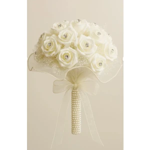 Tüllü Incili Taşlı Krem Gül Gelin Çiçeği - KREM02