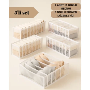 5 Li Set / 4 Adet 11 Gözlü Medium Çekmece Içi Organizer + 8 Gözlü Südyen Düzenleyici