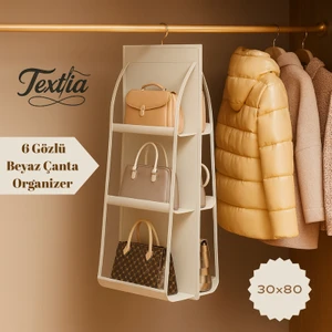 Beyaz 6'lı Dolap Içi Askılı Çanta Düzenleyici - Çanta ve Ayakkabı Organizer - 6 Gözlü Çanta Askısı