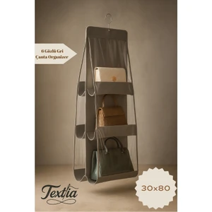 Gri 6'lı Dolap Içi Askılı Çanta Düzenleyici - Çanta ve Ayakkabı Organizer - 6 Gözlü Çanta Askısı