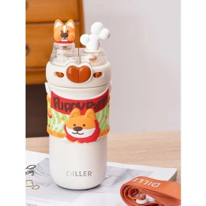 Vagonlife Dıller Paslanmaz Çelik Pipetli/pipetsiz Kullanım Çift Kapaklı Matara/termos D9239 520ML Sevimli Köpek