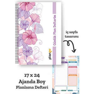 Mor Çiçekler Spiralli Günlük Planlama Defteri - 100 Sayfa - 17x24 Planlayıcı Defter