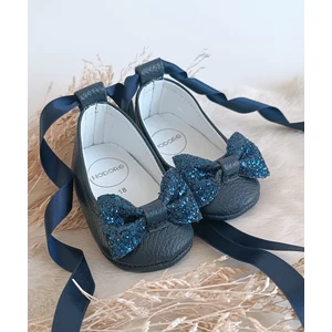 Perla Taşlı Lacivert Hakiki Deri Bebek Babet Ayakkabı