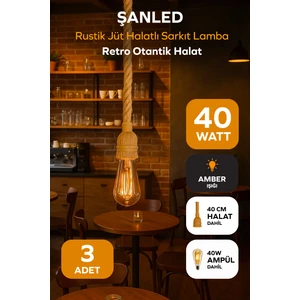 Rustik Jüt Halatlı Sarkıt Lamba Avize Retro Otantik Halat-40 cm +Ampül