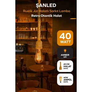 Rustik Jüt Halatlı Sarkıt Lamba Avize Retro Otantik Halat-40 cm +Ampül