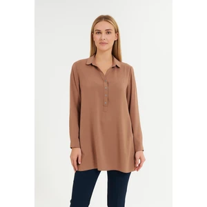 Kadın Büyük Beden Düğme Detaylı Jesica Kumaş Katlama Kol Gömlek Yaka Tunik