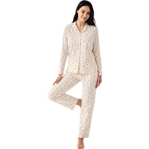 Kadın Krem Uzun Kollu Pijama Takımı 3435