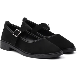 Kadın Siyah Anne Ayakkabısı Tokalı Süet Kaydırmaz Termo Taban Kısa Topuklu Rahat Günlük