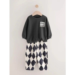 Unisex Çocuk Pamuklu Siyah Yazı Baskılı Sweatshirt ve Desenli Bermuda Takım