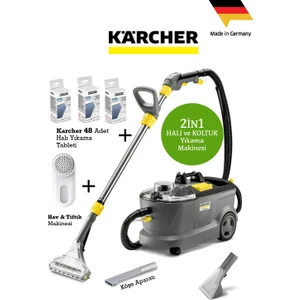 Puzzi Premium Set Halı Koltuk Yıkama Makinesi-Deterjan Kullanılabilir Yüksek Güçlü Halı ve Zemin Yıkama +Köşe Aparatı +Karcher 48 Adet Yıkamalı Deterjan