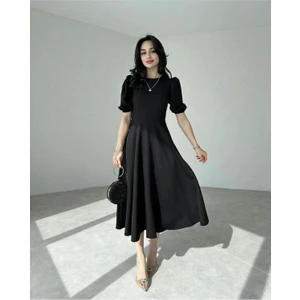 Siyah Karpuz Kollu Midi Boy Elbise