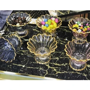 6'lı Cam Ayaklı Yaldızlı Renkli Şekerlik Lokumluk Sunumluk