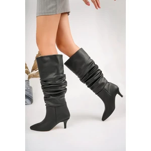 Topuklu Deri Çizme Siyah Büzgülü Kadın Çizme - Körüklü Diz Altı Siyah Çizme - Kışlık Kadın Bot