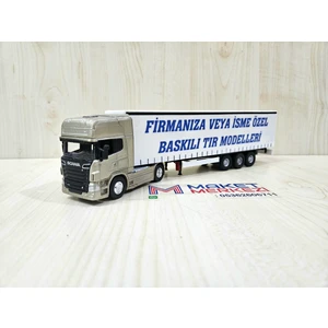 25 cm uzunlukta 1/64 ölçek gri SCANIA R730 TIR MAKETİ (firma ismi yazılabilir)