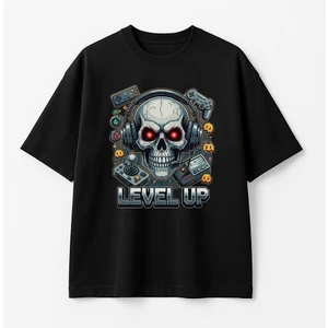Gamer Skull Baskılı Unisex Bisiklet Yaka Pamuk Oversize T-Shirt