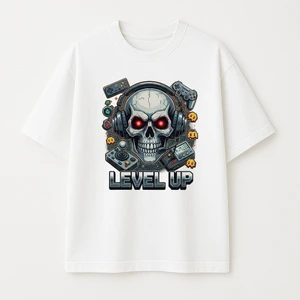 Gamer Skull Baskılı Unisex Bisiklet Yaka Pamuk Oversize T-Shirt