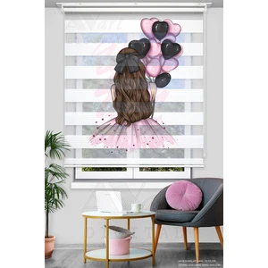 Kalpli Balonlar ve Prenses Baskılı Zebra Stor Perde - Pembe Siyah Balonlu Genç Odası Perdesi