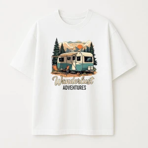 Camping Karavan Baskılı Unisex Bisiklet Yaka Pamuk Oversize T-Shirt