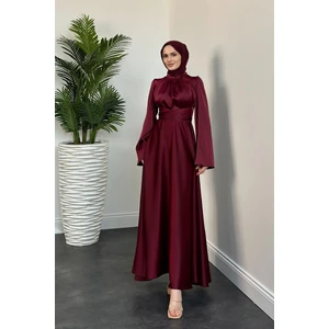 Violet Ispanyol Kol Belden Bağlama Saten Elbise Bordo