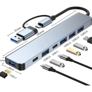 7in1 USB ve Type-C Girişli USB Çoğaltıcı 7in1 USB 3.0 Çoğaltıcı Type-C To USB Çevirici Macbook Uyumlu, 7 In 1 USB Hub (Gri)