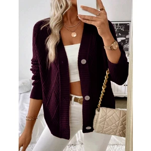 Baklava Desenli Düğmeli Model Dokuma Detaylı Uzun Kollu Triko Hırka