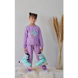 Matu Kids Lila Renk Paten Baskılı 3 Iplik Alt Üst 2'li Kız Çocuk Eşofman Takım 3-10 Yaş