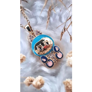 Renkli Mineli Zirkon Taşlı Labubu Çelik Kolye