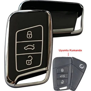 Volkswagen Passat B8 Skoda Superb Kodiaq Uyumlu Smart Anahtar Kılıfı Oto Anahtarlık Siyah Silver