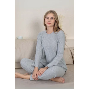 Pamuklu Kalın Kışlık Interlok Şeritli Uzun Kollu Örme Pijama Takımı