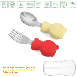 Taraftar Sarı Kırmızı Premium Çocuk Bpa Free Kaliteli Silikon Saplı Paslanmaz Çelik Uçlu Çatal-Kaşık