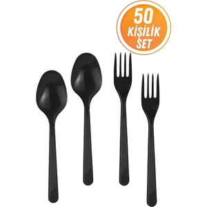Eliz Party Lüks Sert 50 Adet Plastik Çatal ve 50 Adet Plastik Kaşık Seti Siyah